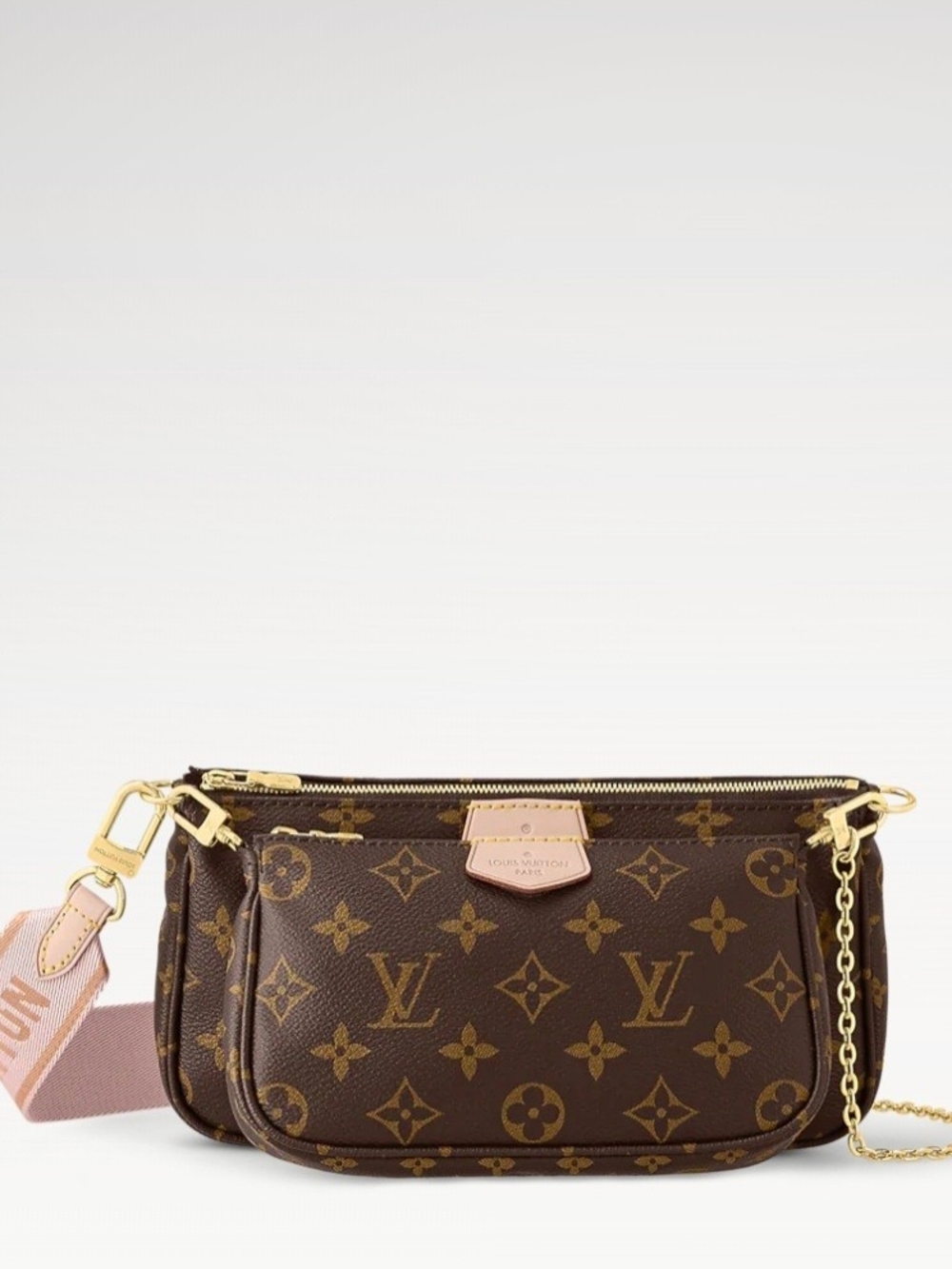 Louis Vuitton Brown Monogram Triple Pochette with Pink Trim and Gold Hardware